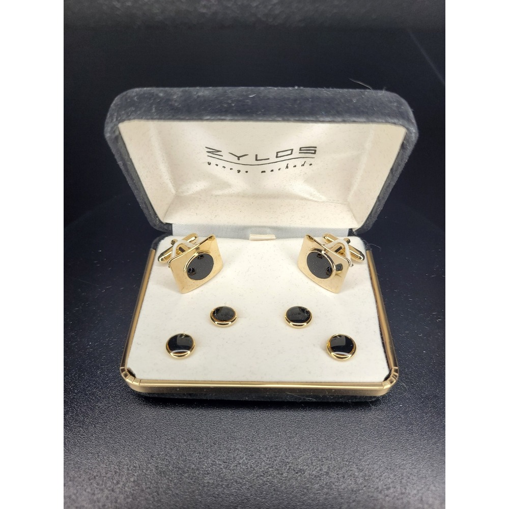 Zylos George Machado Cufflink Tuxedo Stud Set Gold Tone Black Inlay Excellent